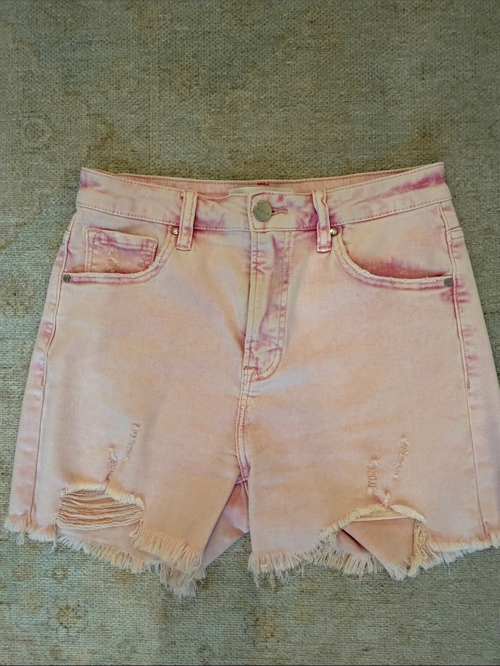 High-Rise Pink Distressed Denim Shorts